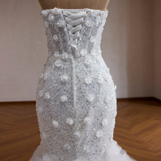 Sweetheart Pearl & Sequin Mermaid Wedding Dress with 3D Floral & Ruffle Train