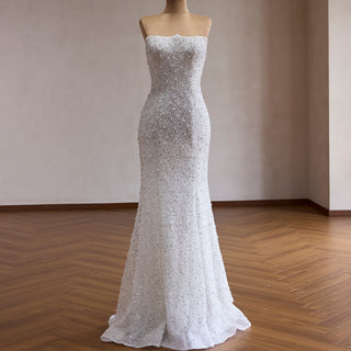 Luxury Pearl & Sequin Mermaid Wedding Dress with Detachable 3D Floral Overskirt Train