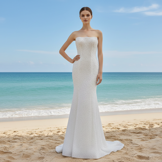Luxury Pearl & Sequin Mermaid Wedding Dress with Detachable 3D Floral Overskirt Train