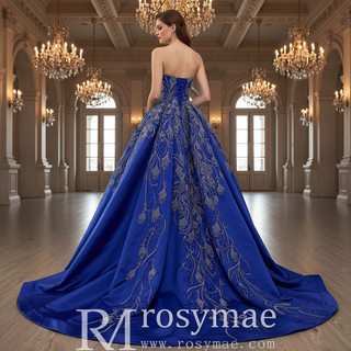Blue Luxury Beaded Mermaid Formal Gown Wedding Dress with Overskirt