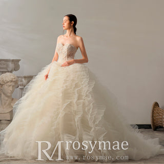 Strapless Tulle Ruffle Ball Gown Wedding Dress with Sweetheart