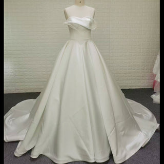 Strapless Satin Ball Gown Wedding Dress with Asymmetric Fold Neckline & Wide Train