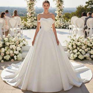 Strapless Satin Ball Gown Wedding Dress with Asymmetric Fold Neckline & Wide Train