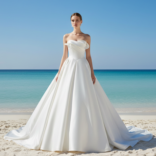 Strapless Satin Ball Gown Wedding Dress with Asymmetric Fold Neckline & Wide Train