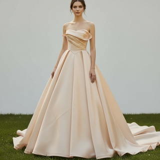 Strapless Satin Ball Gown Wedding Dress with Asymmetric Fold Neckline & Wide Train