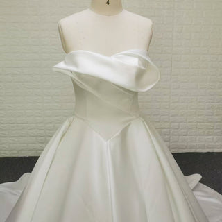 Strapless Satin Ball Gown Wedding Dress with Asymmetric Fold Neckline & Wide Train