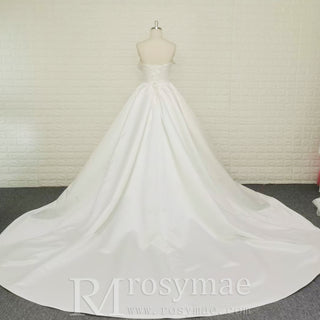Strapless Satin Ball Gown Wedding Dress with Asymmetric Fold Neckline & Wide Train