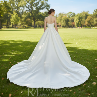 Strapless Satin Ball Gown Wedding Dress with Asymmetric Fold Neckline & Wide Train
