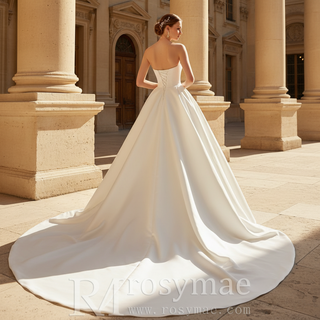 Strapless Satin Ball Gown Wedding Dress with Asymmetric Fold Neckline & Wide Train