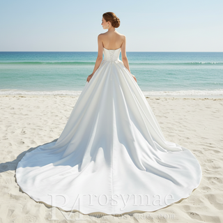 Strapless Satin Ball Gown Wedding Dress with Asymmetric Fold Neckline & Wide Train