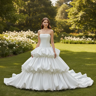 Vestido de novia de gala con volantes escalonados de corsé de satén sin tirantes