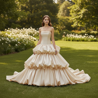 Vestido de novia de gala con volantes escalonados de corsé de satén sin tirantes
