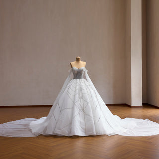 Sheer Bodice Ball Gown Wedding Dress with Cape Sleeves & Geometric Sequin Train
