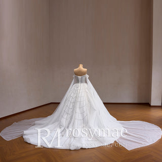 Sheer Bodice Ball Gown Wedding Dress with Cape Sleeves & Geometric Sequin Train