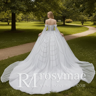 Sheer Bodice Ball Gown Wedding Dress with Cape Sleeves & Geometric Sequin Train
