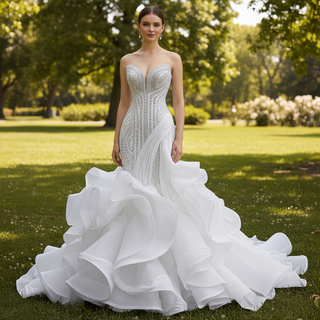 Strapless Sequin Mermaid Wedding Dress with Dramatic Layered Ruffle Skirt
