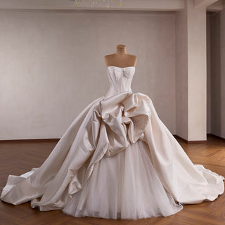 Strapless Structured Satin Corset Ball Gown Wedding Dress with 3D Bow Detail & Train
