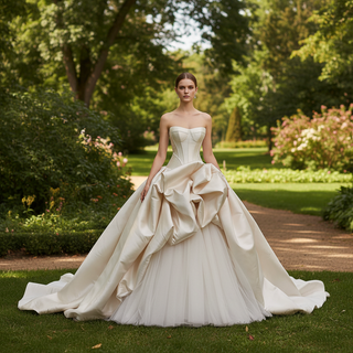 Strapless Structured Satin Corset Ball Gown Wedding Dress with 3D Bow Detail & Train