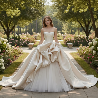 Strapless Structured Satin Corset Ball Gown Wedding Dress with 3D Bow Detail & Train