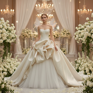 Strapless Structured Satin Corset Ball Gown Wedding Dress with 3D Bow Detail & Train