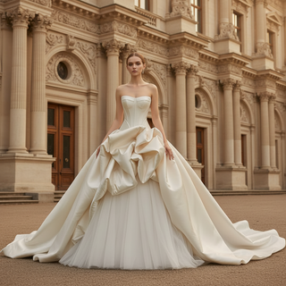 Strapless Structured Satin Corset Ball Gown Wedding Dress with 3D Bow Detail & Train