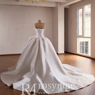 Strapless Structured Satin Corset Ball Gown Wedding Dress with 3D Bow Detail & Train
