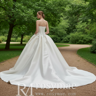 Strapless Structured Satin Corset Ball Gown Wedding Dress with 3D Bow Detail & Train