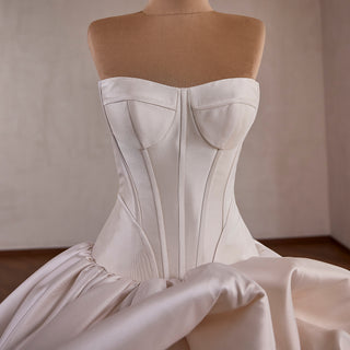 Strapless Structured Satin Corset Ball Gown Wedding Dress with 3D Bow Detail & Train