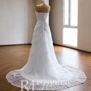 White Strapless Sweetheart Pearl Beaded Petal-Layered A-Line Wedding Dress with Scalloped Train