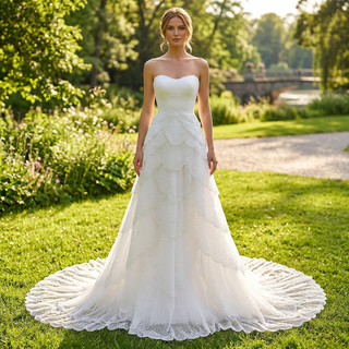 White Strapless Sweetheart Pearl Beaded Petal-Layered A-Line Wedding Dress with Scalloped Train
