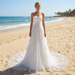 White Strapless Sweetheart Pearl Beaded Petal-Layered A-Line Wedding Dress with Scalloped Train