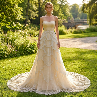 White Strapless Sweetheart Pearl Beaded Petal-Layered A-Line Wedding Dress with Scalloped Train
