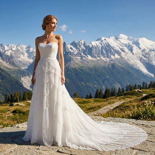 White Strapless Sweetheart Pearl Beaded Petal-Layered A-Line Wedding Dress with Scalloped Train