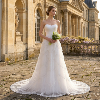 White Strapless Sweetheart Pearl Beaded Petal-Layered A-Line Wedding Dress with Scalloped Train