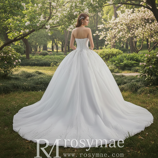Big Train Strapless Puffy Skirt Ball Gown Wedding Dress with Pearls