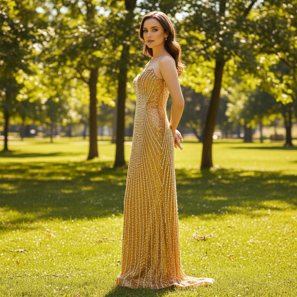 Strapless Gold Sheath Pearl Prom Dress with Boat Neckline Strapless Gold Sheath Pearl Prom Dress with Boat Neckline