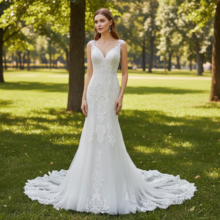 Gorgeous Fit and Flare Capped Floral Lace Wedding Dress