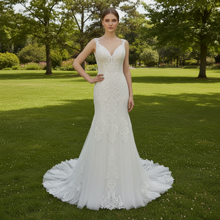 Gorgeous Fit and Flare Capped Floral Lace Wedding Dress