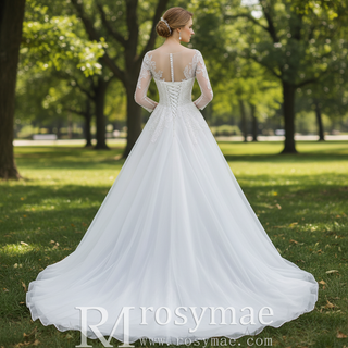 Three-Quarter Sleeves A-Line Ballgown Wedding Dress with Illusion Sweetheart Plunge