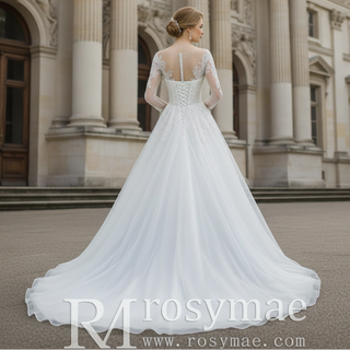 Three-Quarter Sleeves A-Line Ballgown Wedding Dress with Illusion Sweetheart Plunge