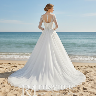 Three-Quarter Sleeves A-Line Ballgown Wedding Dress with Illusion Sweetheart Plunge