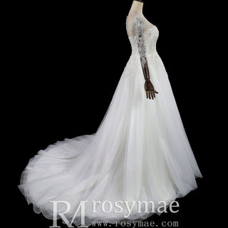 Three-Quarter Sleeves A-Line Ballgown Wedding Dress with Illusion Sweetheart Plunge