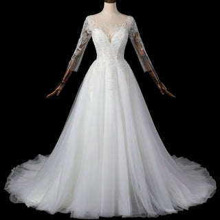 Three-Quarter Sleeves A-Line Ballgown Wedding Dress with Illusion Sweetheart Plunge