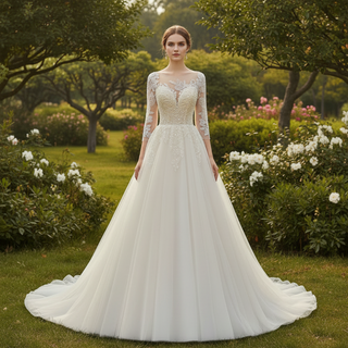 Three-Quarter Sleeves A-Line Ballgown Wedding Dress with Illusion Sweetheart Plunge