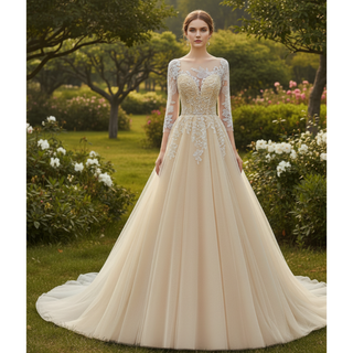 Three-Quarter Sleeves A-Line Ballgown Wedding Dress with Illusion Sweetheart Plunge