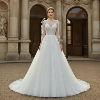 Three-Quarter Sleeves A-Line Ballgown Wedding Dress with Illusion Sweetheart Plunge
