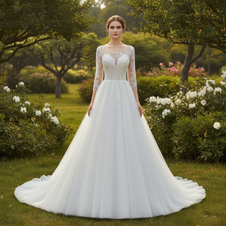 Three-Quarter Sleeves A-Line Ballgown Wedding Dress with Illusion Sweetheart Plunge