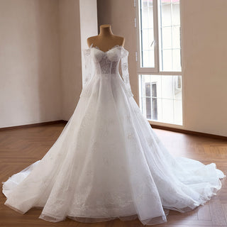 Off-the-Shoulder Bridal Gown with Long Sleeves A-Line Lace Wedding Dress