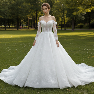 Off-the-Shoulder Bridal Gown with Long Sleeves A-Line Lace Wedding Dress