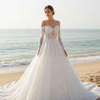 Off-the-Shoulder Bridal Gown with Long Sleeves A-Line Lace Wedding Dress